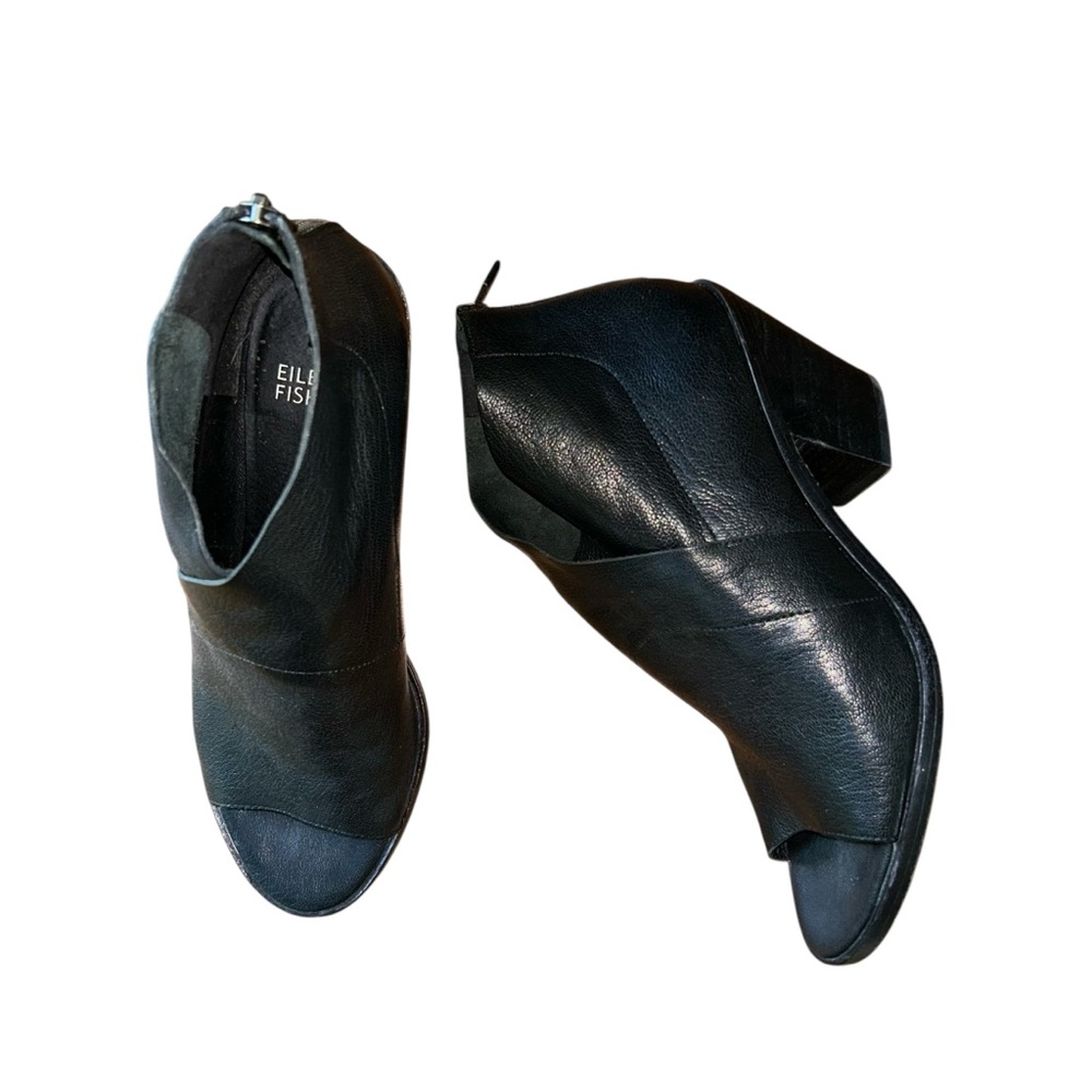 Eileen Fisher Black Leather‎ Peep Toe Ankle Boots Booties Women’s Size 8